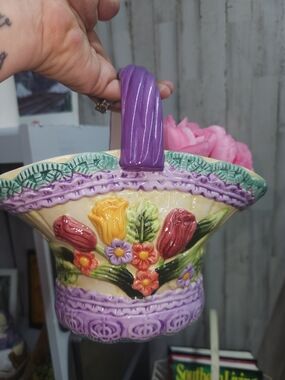 Floral Ceramic Basket with Purple Handle